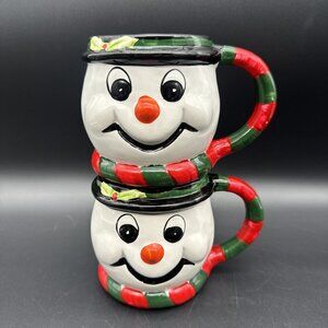 Vintage Ceramic Taiwan Frosty Snowman Christmas Coffee Bar Mug Set Handpaint 3D